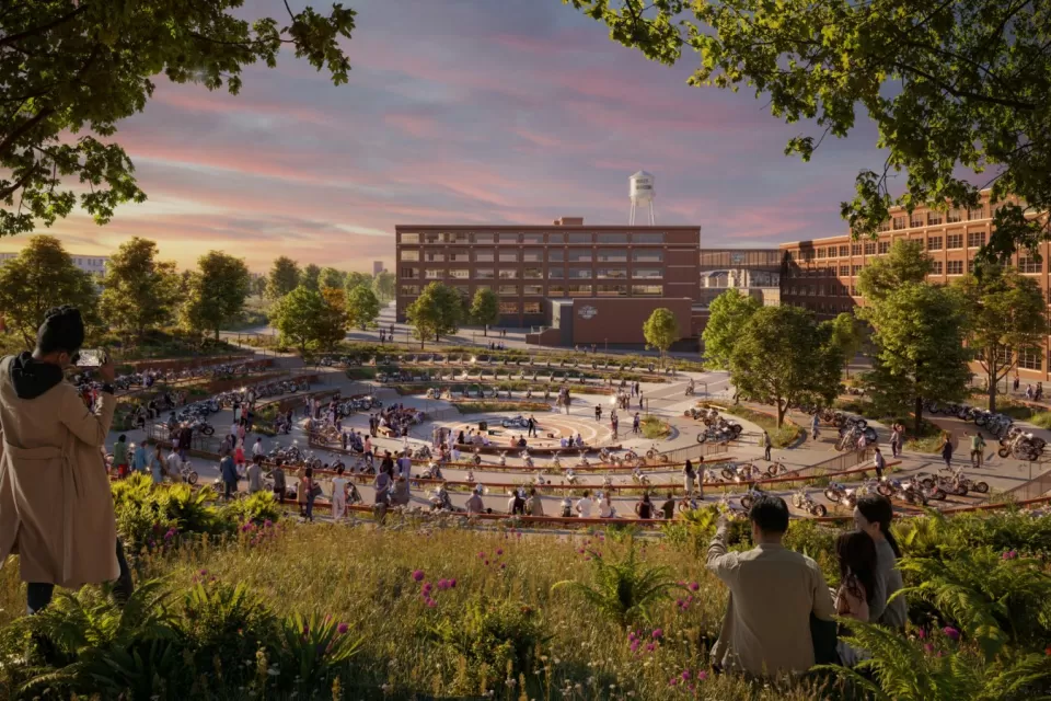 A rendering of a large park space and public theater.